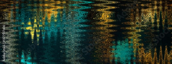 Obraz Abstract digital texture rippling wavy patterns in deep teal, gold, and black colors. Generative AI  design for cover, banner, flyer, music, ads. 
