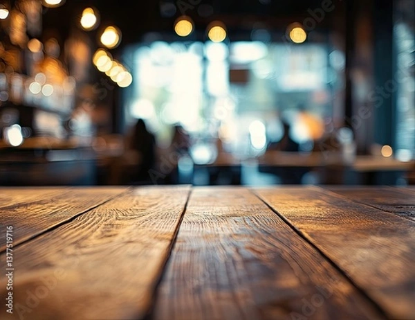Fototapeta Empty wooden table in a busy cafe (1)