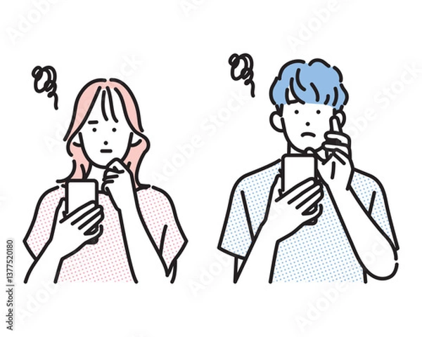 Obraz シンプル　イラスト　スマホを見ながらモヤモヤしている若い男性と女性 人物