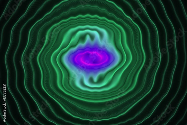 Fototapeta Abstract glowing green, purple and blue waves on black background. Fantasy fractal texture. Digital art. 3D rendering