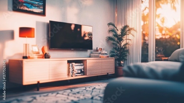 Fototapeta Modern Living Room Interior Design Sunset View & Minimalist Decor