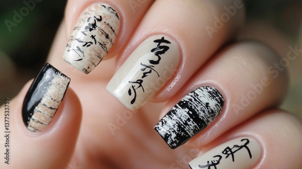 Obraz A stunning set of Japanese traditional calligraphy nail designs, with delicate brush strokes and ink patterns carefully painted on each nail
