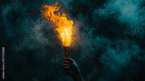 Obraz Person holding a glowing torch with flames illuminating dark smoke in a mysterious atmosphere during nighttime