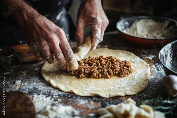 Fototapeta A person's hands add a meat filling to a circle of dough on a wooden surface. Flour dusts the work area. Other cooking implements are visible in the background