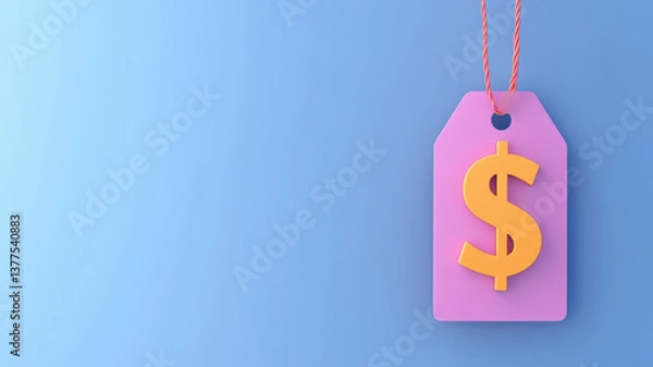 Fototapeta sale tag with dollar sign hanging against blue background, symbolizing discounts and promotions, evokes sense of savings and shopping excitement