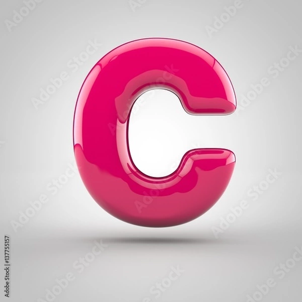 Fototapeta Glossy pink paint letter C uppercase. 3D render of bubble font with glint isolated on white background.