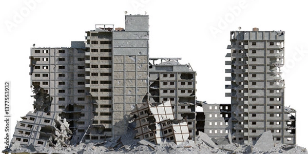 Fototapeta Building destroyed by the war, Ruined City after earthquake with isolated on transparent background. png file, 3d rendering illustration, clip art and cut out