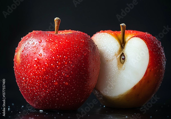 Fototapeta Minimalist Split Apple with Red and White Skin on a Reflective Surface – High-Resolution Photography Capturing Texture, Contrast, and Abstract Aesthetic Against a Black Background