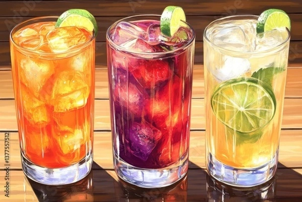 Fototapeta Three refreshing summer cocktails.  Colorful drinks in tall glasses with ice and fruit garnishes