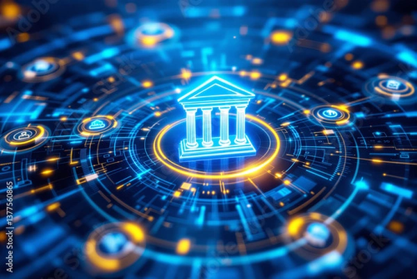 Obraz Glowing classical bank icon surrounded by digital interface elements representing finance, on a blue futuristic background, concept of digital banking, Ai generative