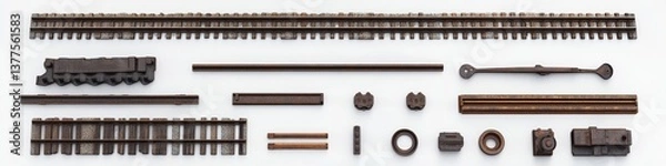 Fototapeta Rusty Train Track Components on White Background