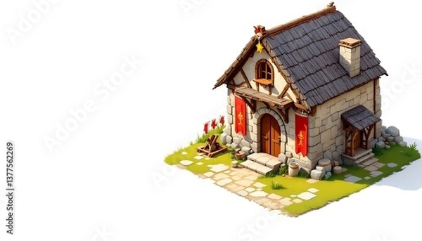 Fototapeta Isometric Medieval Building Illustration with Flags and Stone Path