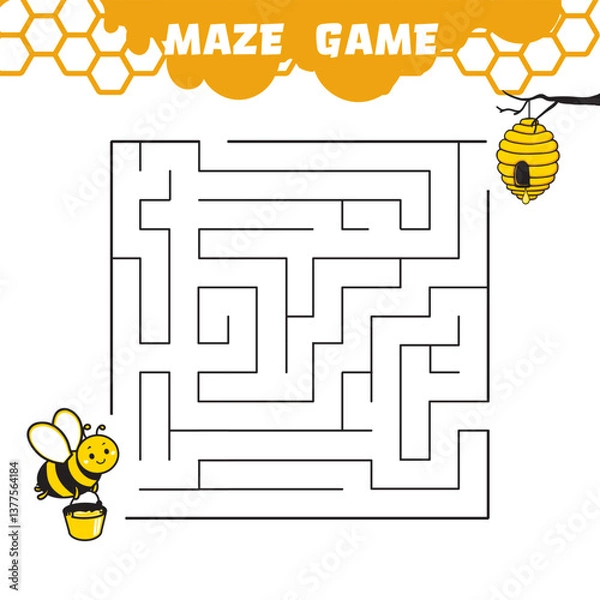 Fototapeta the little bee is looking for the way to the beehive, maze game for pre-school children, vector cartoon