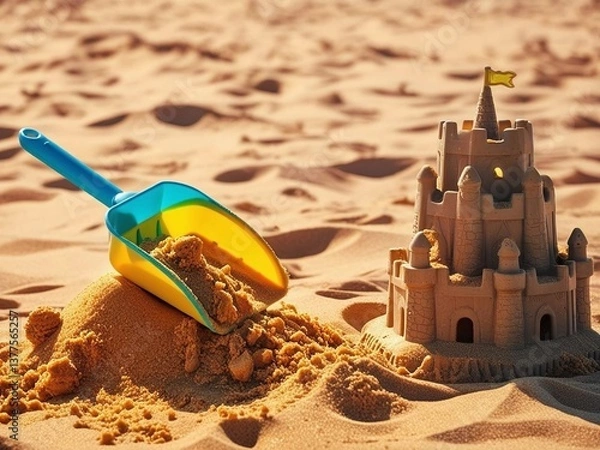 Fototapeta plastic toy on sand castle at beach on summer