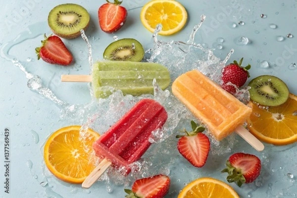 Obraz Bright and colorful fruit popsicles dropping into water with splashes and fresh fruit slices. A dynamic and refreshing summer-themed visual