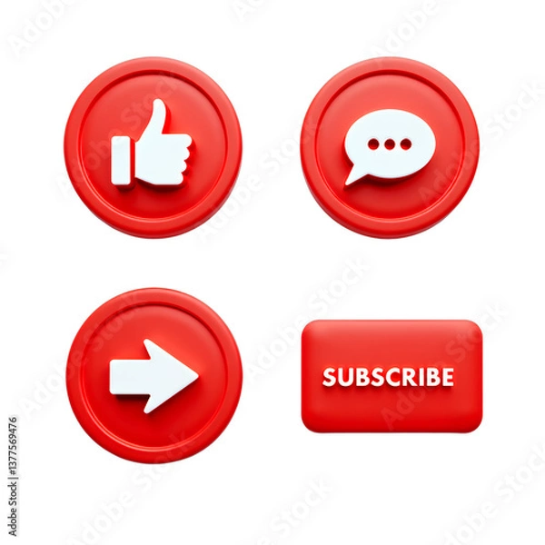 Fototapeta Red Social Media Icons: Like, Comment, Share, Subscribe. Transparent Background.