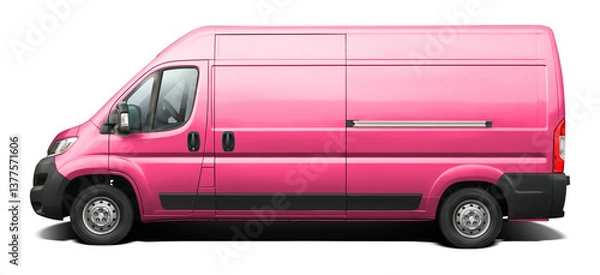 Fototapeta Side view of a modern pink long-wheelbase cargo minibus. Isolated on a transparent background, in PNG format.