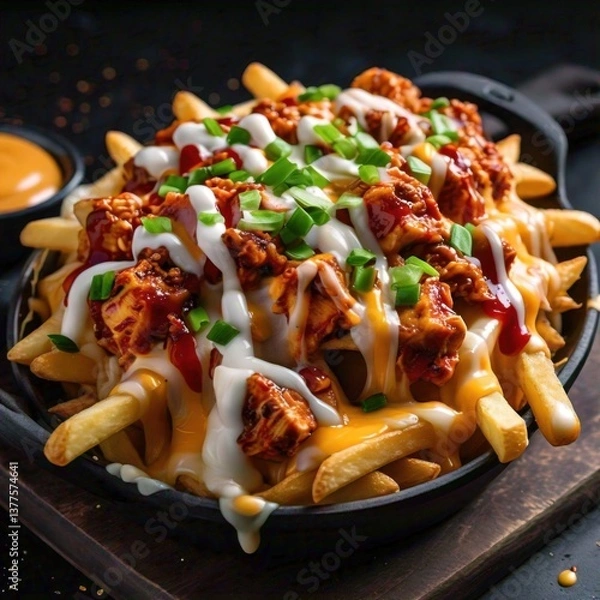 Fototapeta A serving of loaded fries topped with melted cheese, spicy chicken chunks, and tangy sauces 3
