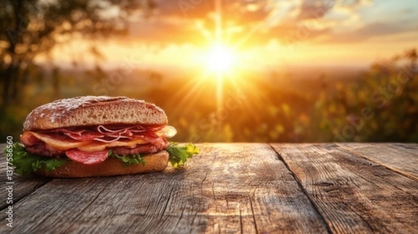 Fototapeta Homemade meat sandwich on wooden table next to vintage lunch box with rustic kit
