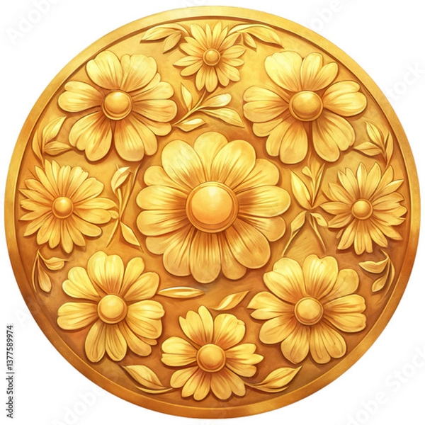 Fototapeta A circular golden relief featuring intricately detailed flowers and leaves arranged symmetrically.