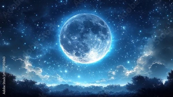 Fototapeta Full moon shining in the night sky over a forest with an anime-style moon illustration