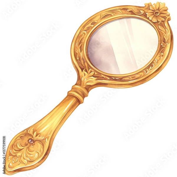 Fototapeta An ornate golden hand mirror featuring intricate floral designs and a circular reflective surface.
