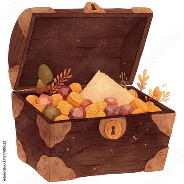 Fototapeta A decorative treasure chest overflowing with colorful gems, golden coins, and unique natural elements, showcasing a whimsical and adventurous design.