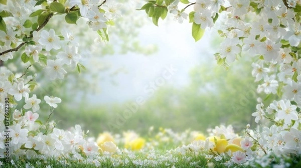 Fototapeta Bunch of white flowers with green leaves against a blurred background in natural lighting