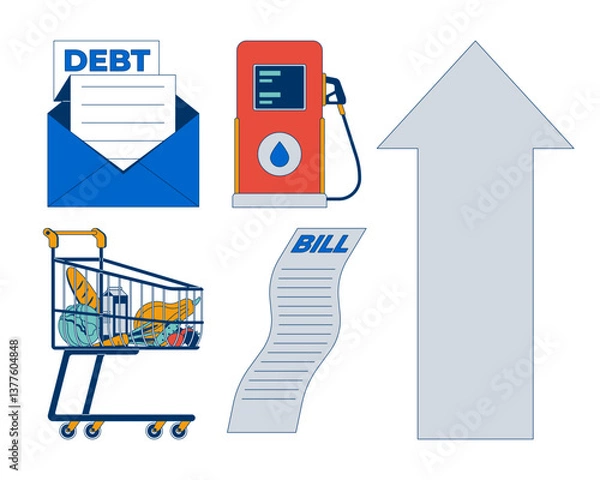 Obraz Economic pressure and cost of living 2D cartoon objects set. Fuel pump, bill, debt letter, shopping cart, upward arrow isolated elements flat vector clip arts on white. Spot illustrations collection