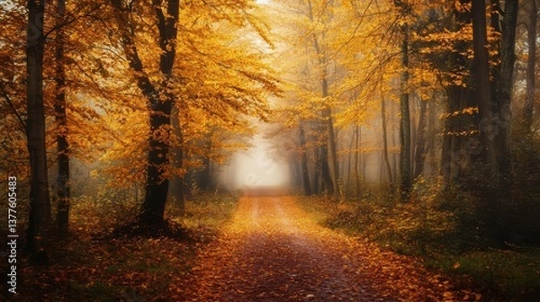 Fototapeta A tranquil path winds through a foggy forest filled with orange leaves. The scenery showcases the beauty of autumn as morning light filters through trees, creating a calm ambiance