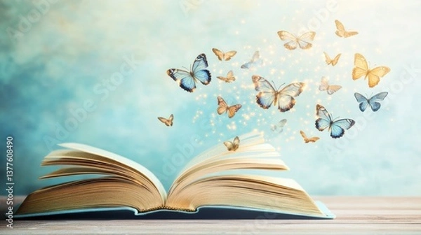 Fototapeta Open book with butterflies flying around pages in a whimsical and imaginative scene
