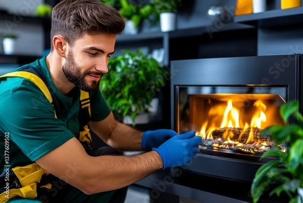 Fototapeta A professional technician installs a modern gas fireplace. Generative AI