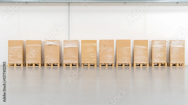 Fototapeta Boxes stacked on pallets wrapped with clear plastic in a warehouse, ready for shipping. Interior shot. Distribution and logistics, supply chain.