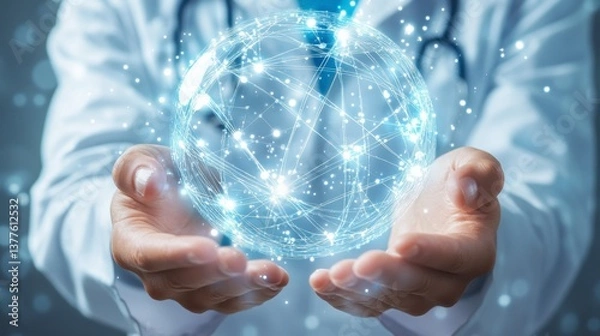Fototapeta Man holding a crystal ball with a network of connected lines representing technology and connectivity