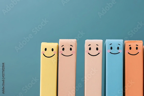 Fototapeta Cheerful Colorful Blocks: A row of smiling wooden blocks in various colors against a blue background, radiating positive vibes and a playful atmosphere.