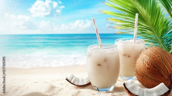 Fototapeta Two glasses of coconut milk and a coconut drink on a sandy beach with ocean waves in the background