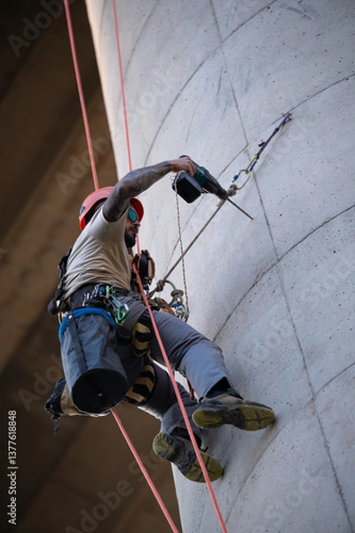 Fototapeta Rope access technician using drill while hanging on concrete pillar