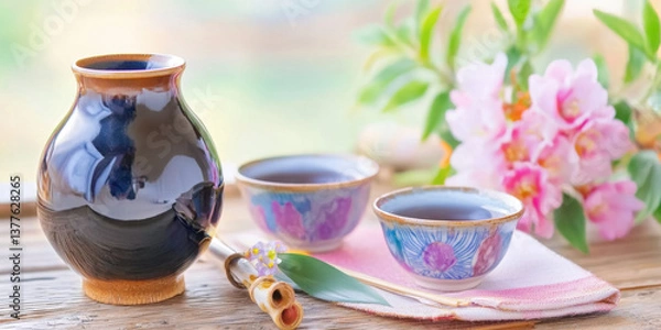 Fototapeta close up of traditional Japanese sake set featuring ceramic sake bottle and two cups, surrounded by flowers