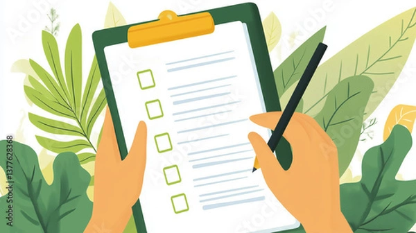 Fototapeta Illustration of hands checking off a leafy clipboard surrounded by foliage, representing eco-friendly task completion. Concept of sustainability, green living, checklist and responsibility.