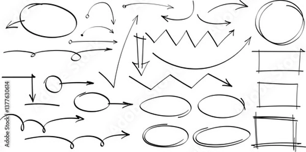 Fototapeta Hand drawn arrows, highlight, text underline strokes and emphasis marks. Set of Sketches of arrows, ellipse, rectangle, oval and mark. Collection of vector doodle elements and shapes for notes