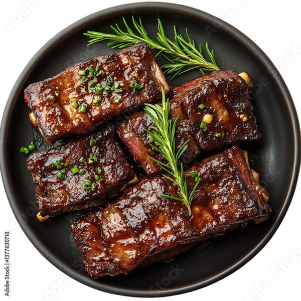 Fototapeta Top view of a delicious looking bbq beef short ribs on a dark plate isolated on a white transparent background