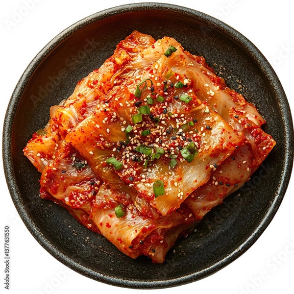 Fototapeta Top view of a delicious looking kimchi on a dark stoneware plate isolated on a white transparent background