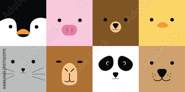Fototapeta Collection of minimal animals faces in flat style