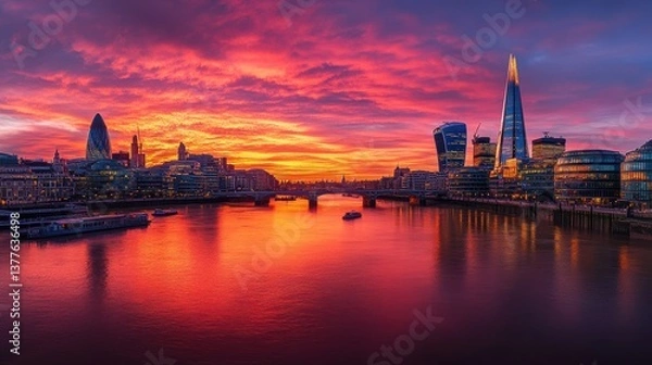 Fototapeta Brilliant hues of orange and purple fill the sky as the sun sets over the Thames River. Iconic London buildings reflect on the water, creating a stunning urban view at dusk
