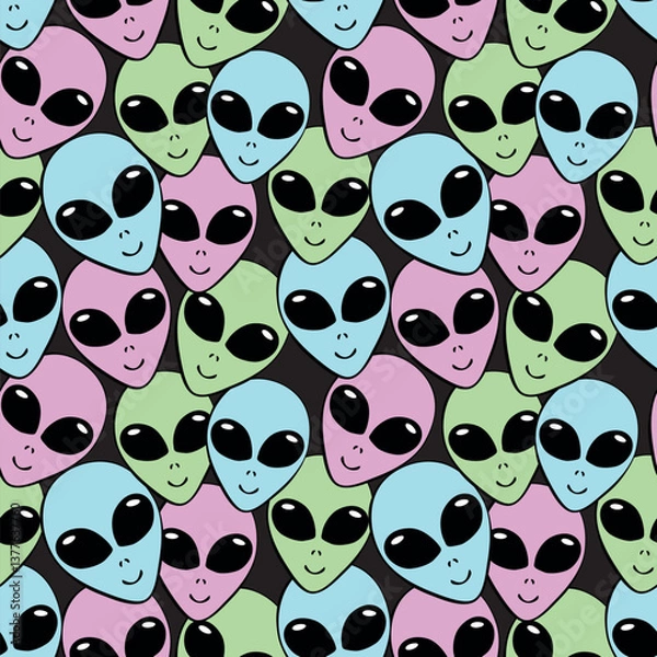 Obraz Seamless pattern with Aliens heads in doodle flat style. Humanoids, visitors, Martians. Vector illustration, wallpaper on theme of space, UFO, conspiracy theory, Sci-fi, fantastic
