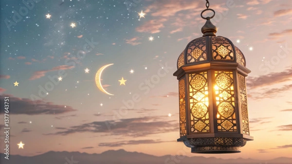 Fototapeta "A magical golden Ramadan lantern glowing with intricate arabesque patterns, floating in mid-air against a dreamy twilight sky filled with crescent moons and stars."