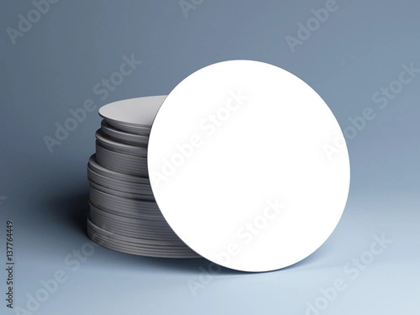 Fototapeta Stack of white round beer coasters, isolated. Mockup. 3D illustration