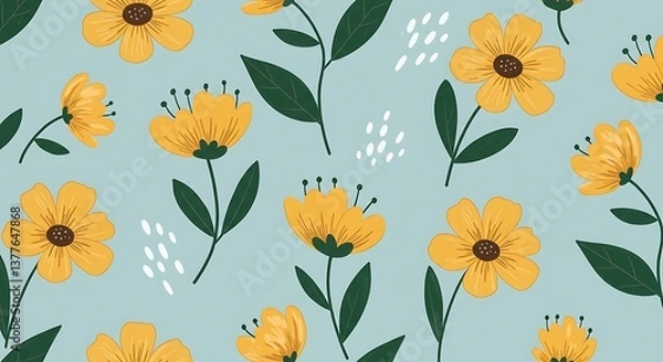 Fototapeta Sunny Yellow Floral Pattern: Soft Blue Background AI Generated