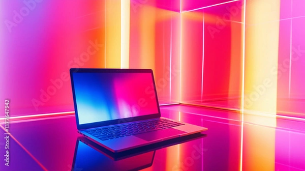 Fototapeta Modern laptop in a vibrant neon-lit studio setup