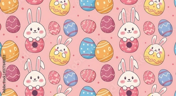 Fototapeta Pastel Easter Bunnies & Eggs: Delightful Spring Pattern AI Generated